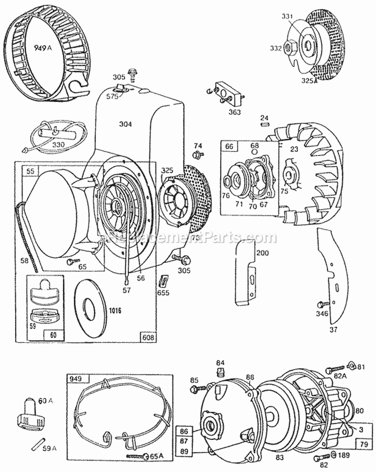 Blower HsgRewindGear Case Diagram and Parts List for 132232-0256-02  Briggs and Stratton Engine